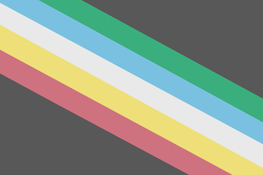 DisabilityPrideFlag_900x600.jpg displays the Disability Pride Flag, featuring a charcoal grey background. A diagonal band of five muted stripes in green, light blue, white, yellow, and red stretches from the top left to the bottom right.