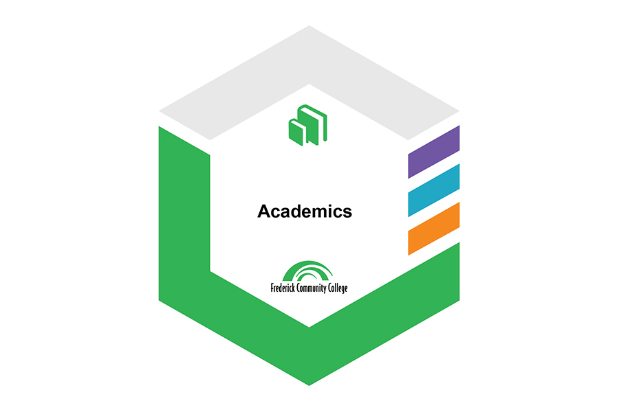 A green hexagonal digital badge for Frederick Community College Academics, featuring a book icon and the college logo.