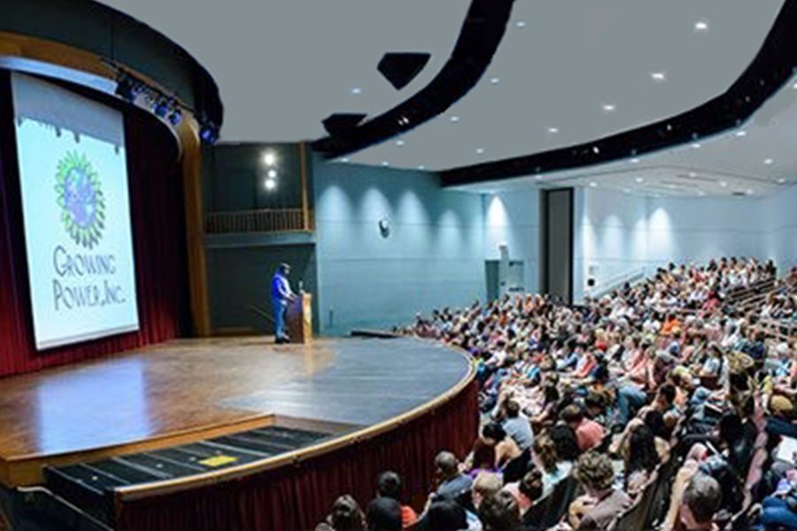 theatre filled with seated people watching a presentation on the screen