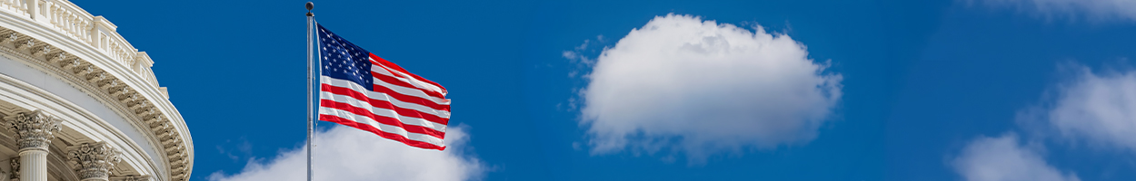 Wide banner image of the U.S. Capitol dome edge and an American flag against a blue sky.