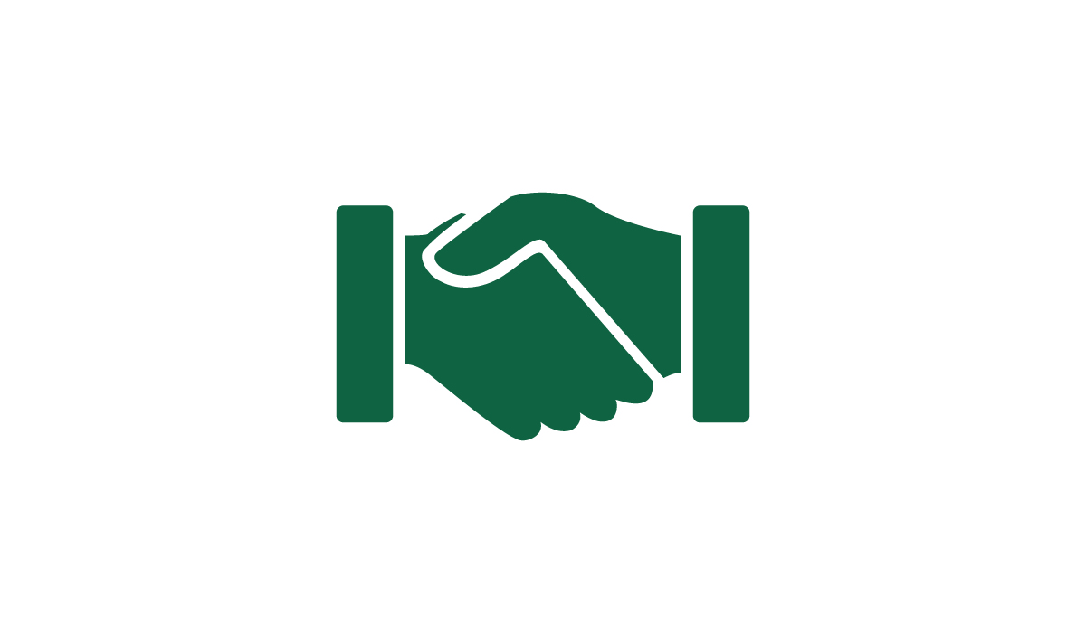 A green handshake icon representing agreement or partnership, featuring two stylized hands clasping each other.