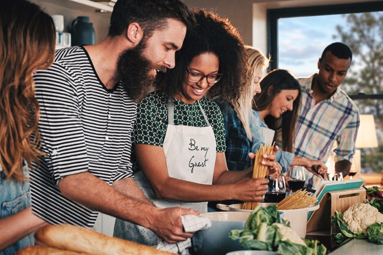 A diverse group of adult students enjoys a hands-on community cooking class, with one woman in a Be My Guest apron preparing pasta while others look on.